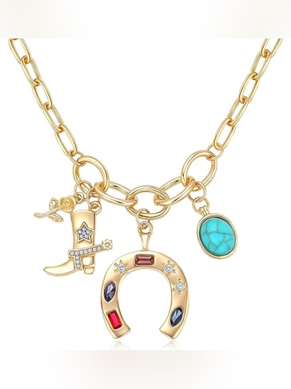 Jessica Simpson Gold Western Charm Necklace with Turquoise and Multicolor Stones